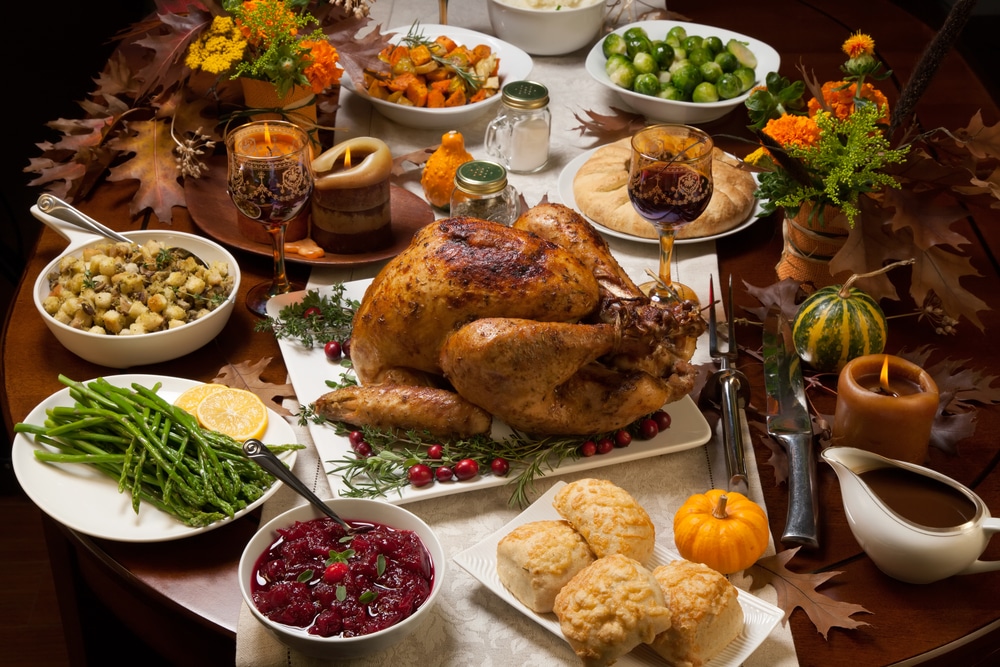 Thanksgiving meal set out on dining room table