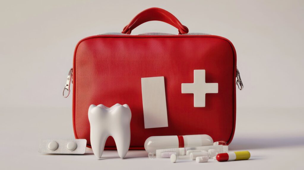 Red emergency bag with large model tooth and fake medication